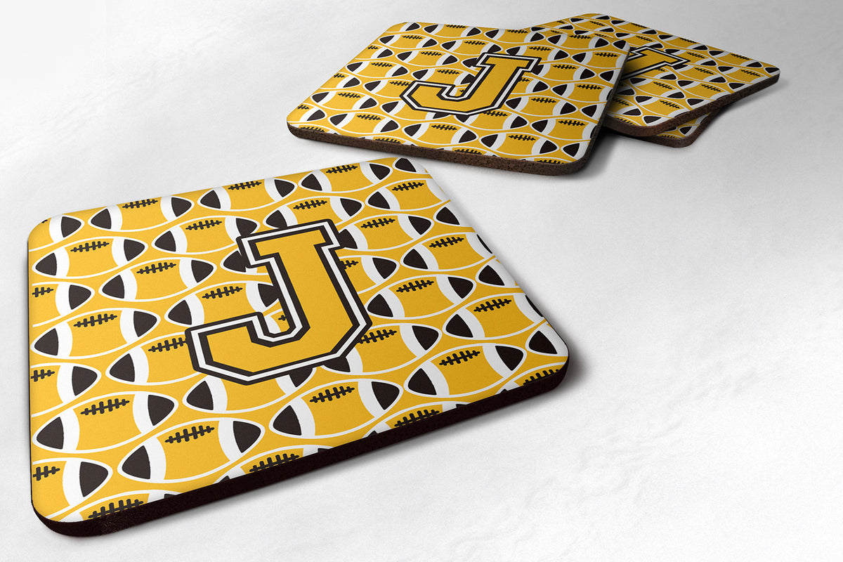 Set of 4 Letter J Football Black, Old Gold and White Foam Coasters Set of 4 CJ1080-JFC - the-store.com