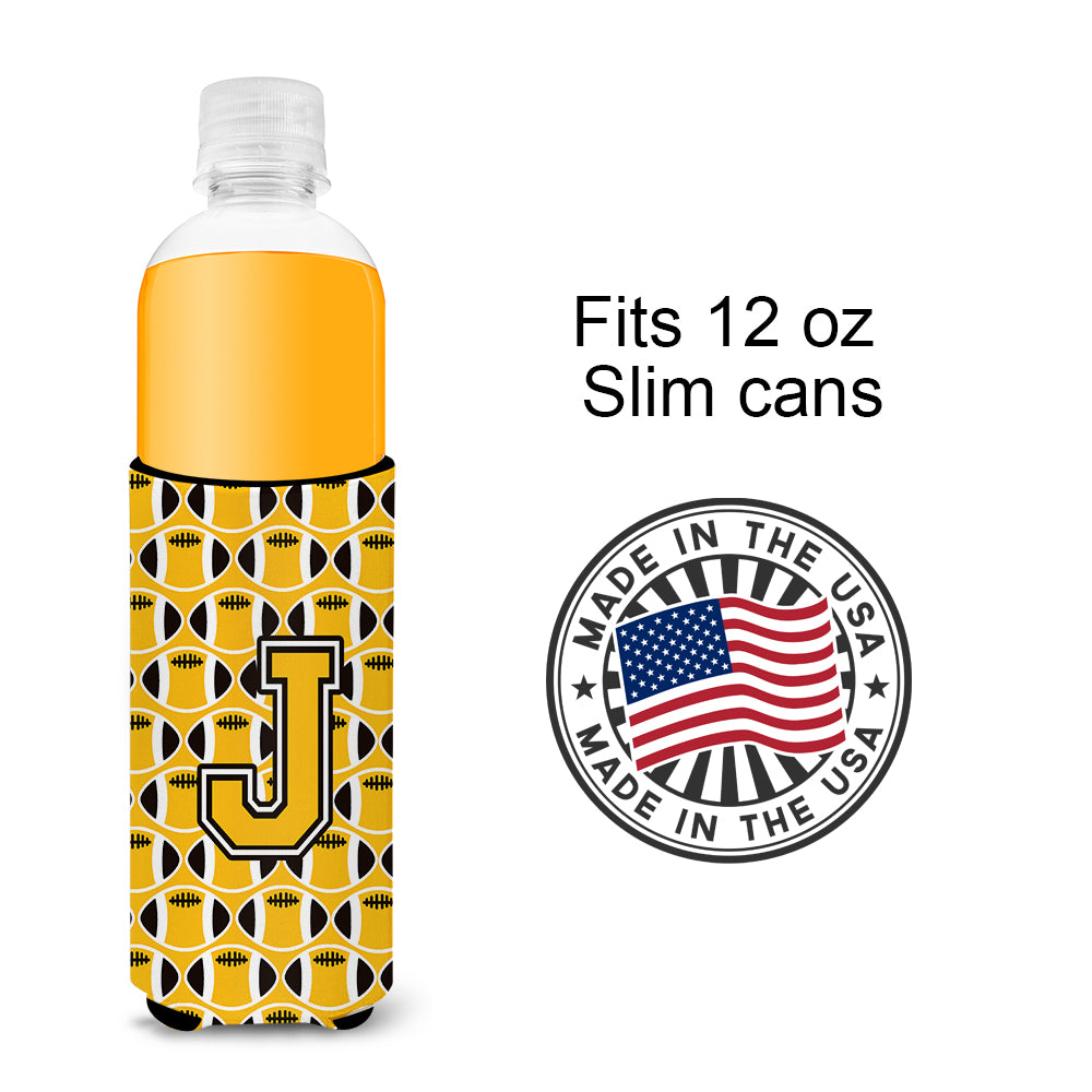 Letter J Football Black, Old Gold and White Ultra Beverage Insulators for slim cans CJ1080-JMUK.