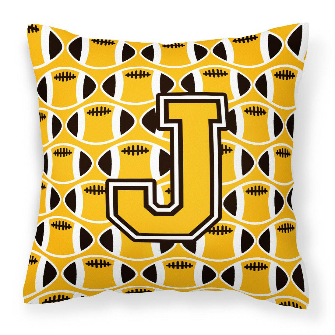 Letter J Football Black, Old Gold and White Fabric Decorative Pillow CJ1080-JPW1414 by Caroline&#39;s Treasures