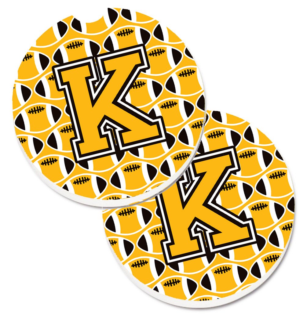 Letter K Football Black, Old Gold and White Set of 2 Cup Holder Car Coasters CJ1080-KCARC by Caroline&#39;s Treasures
