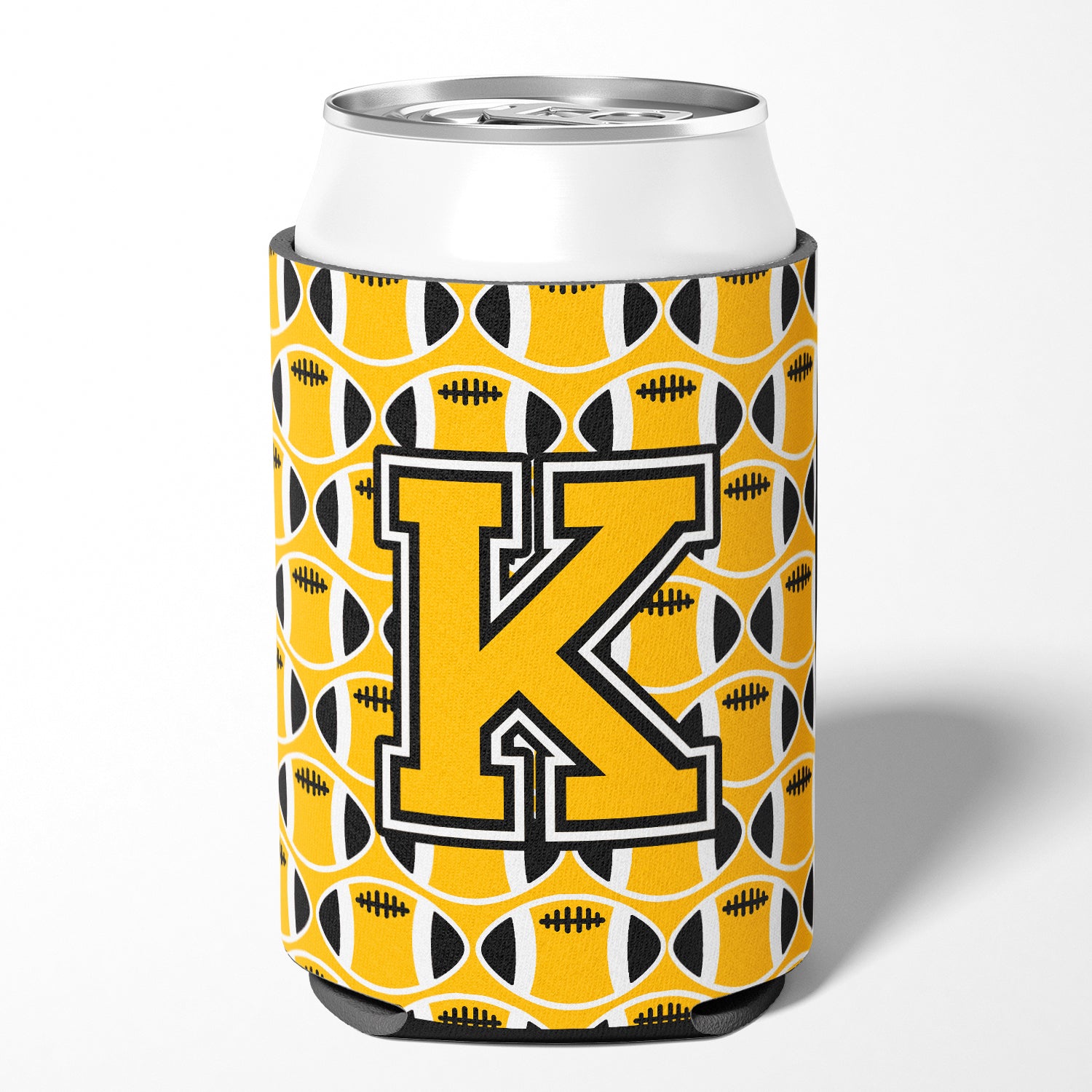 Letter K Football Black, Old Gold and White Can or Bottle Hugger CJ1080-KCC