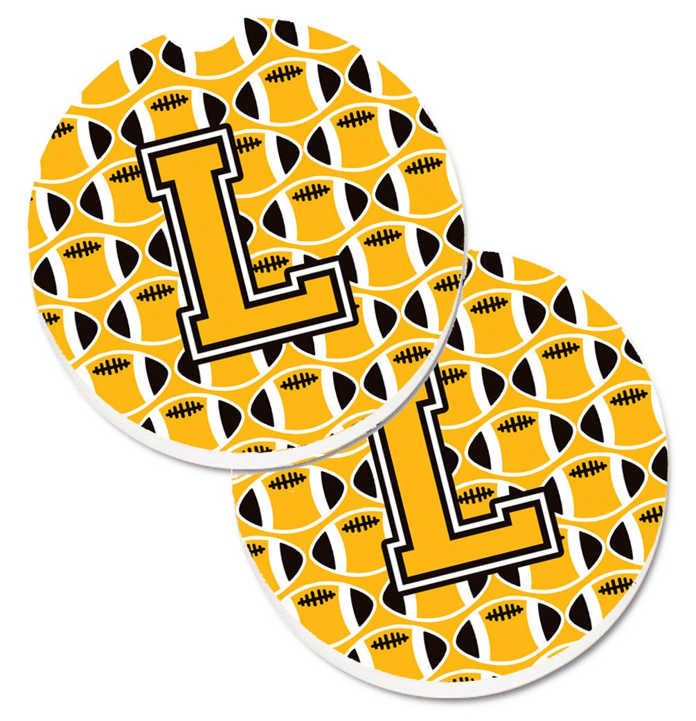 Letter L Football Black, Old Gold and White Set of 2 Cup Holder Car Coasters CJ1080-LCARC by Caroline&#39;s Treasures