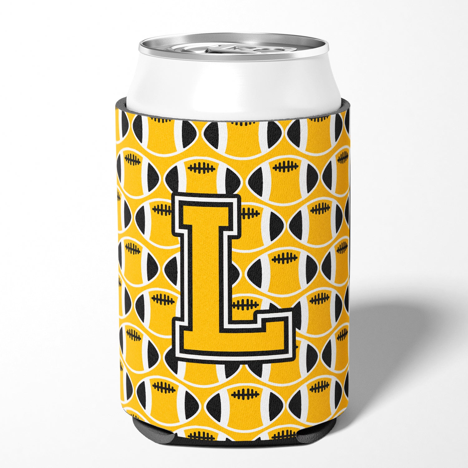 Letter L Football Black, Old Gold and White Can or Bottle Hugger CJ1080-LCC.