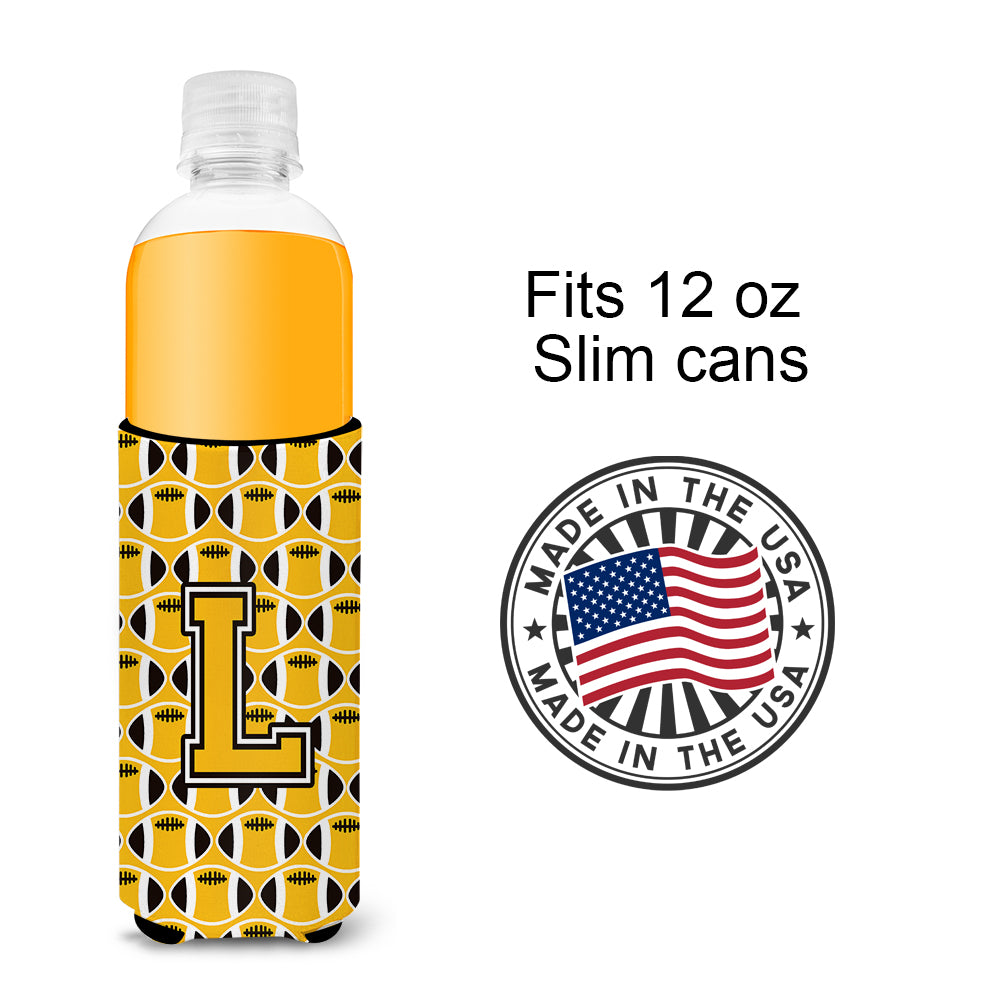 Letter L Football Black, Old Gold and White Ultra Beverage Insulators for slim cans CJ1080-LMUK.