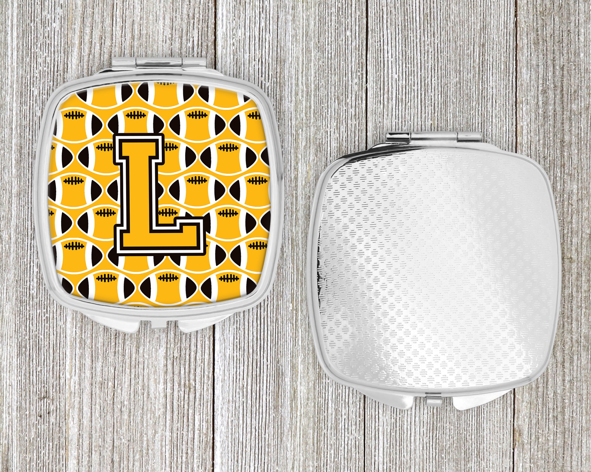 Letter L Football Black, Old Gold and White Compact Mirror CJ1080-LSCM