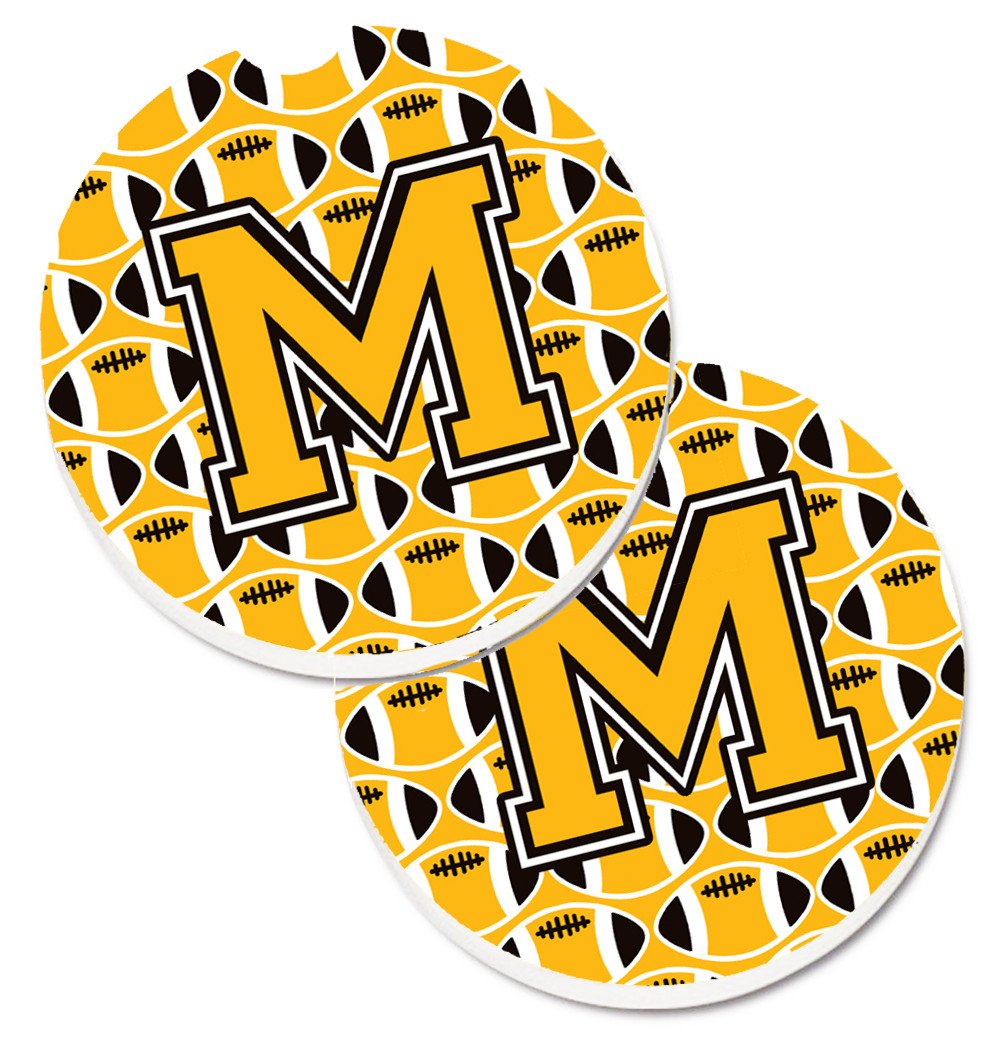 Letter M Football Black, Old Gold and White Set of 2 Cup Holder Car Coasters CJ1080-MCARC by Caroline&#39;s Treasures