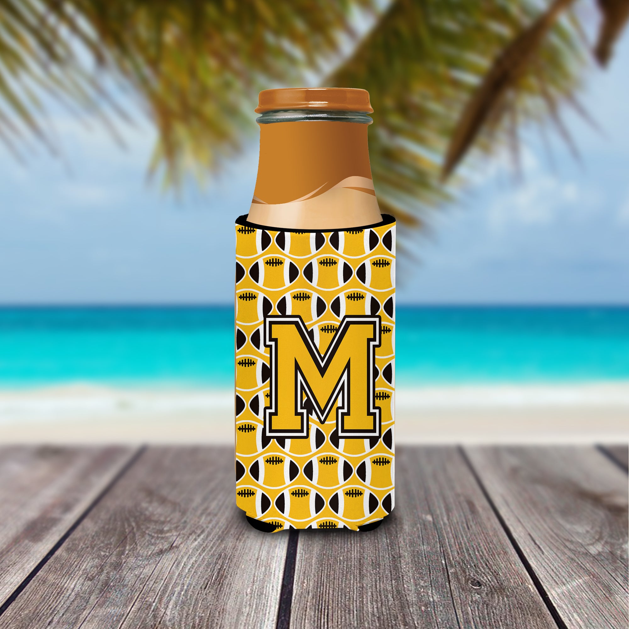 Letter M Football Black, Old Gold and White Ultra Beverage Insulators for slim cans CJ1080-MMUK.