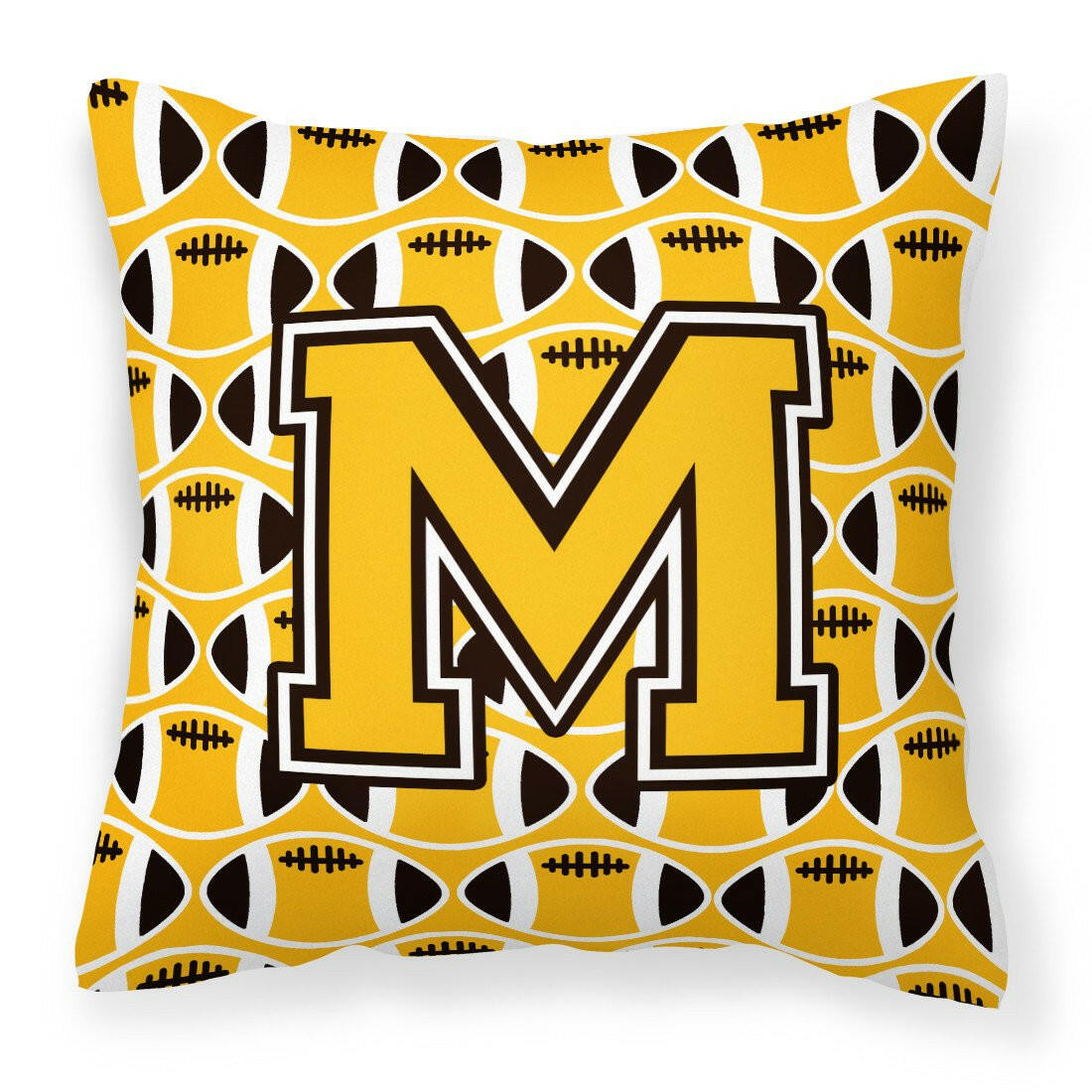 Letter M Football Black, Old Gold and White Fabric Decorative Pillow CJ1080-MPW1414 by Caroline&#39;s Treasures
