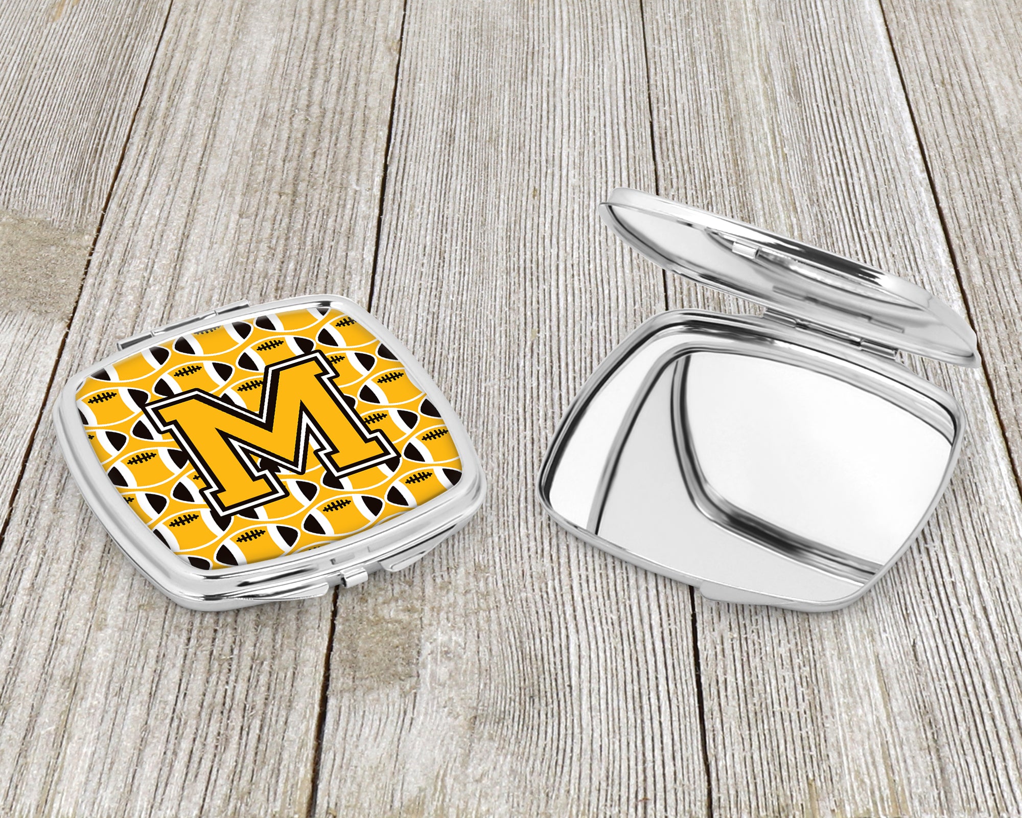 Letter M Football Black, Old Gold and White Compact Mirror CJ1080-MSCM