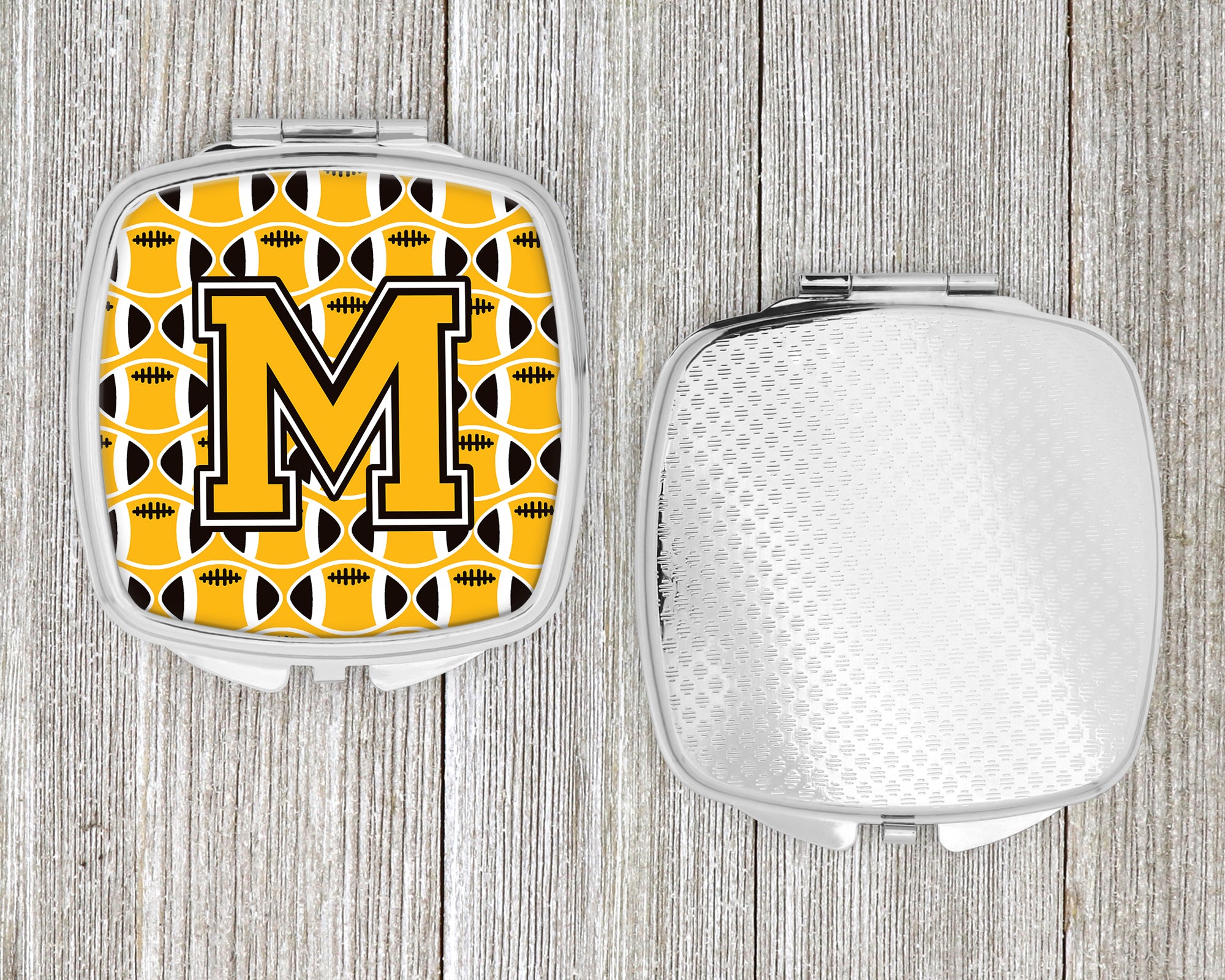 Letter M Football Black, Old Gold and White Compact Mirror CJ1080-MSCM  the-store.com.