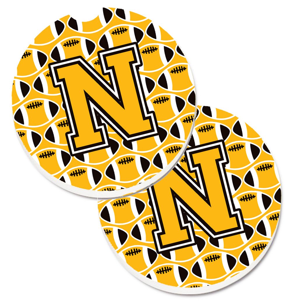 Letter N Football Black, Old Gold and White Set of 2 Cup Holder Car Coasters CJ1080-NCARC by Caroline&#39;s Treasures