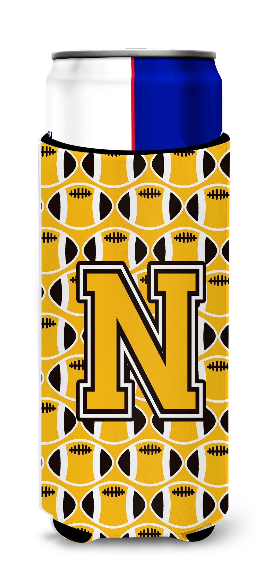 Letter N Football Black, Old Gold and White Ultra Beverage Insulators for slim cans CJ1080-NMUK