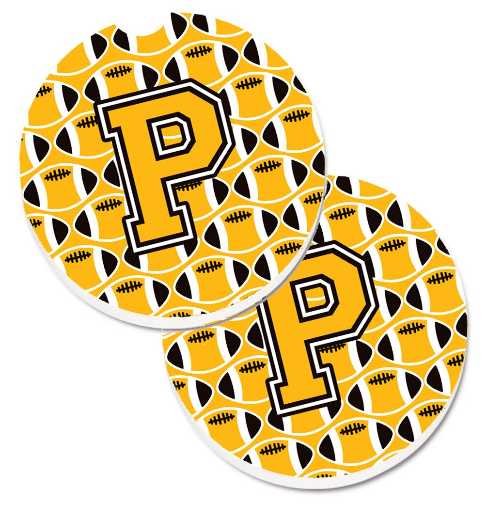 Letter P Football Black, Old Gold and White Set of 2 Cup Holder Car Coasters CJ1080-PCARC by Caroline's Treasures
