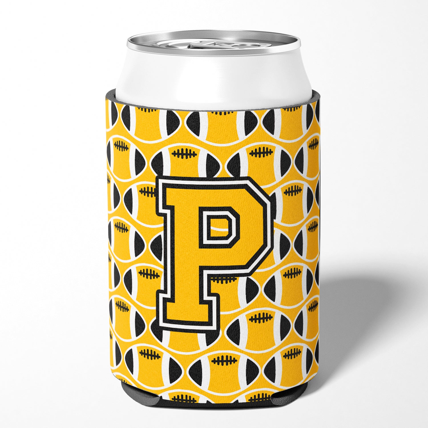 Letter P Football Black, Old Gold and White Can or Bottle Hugger CJ1080-PCC