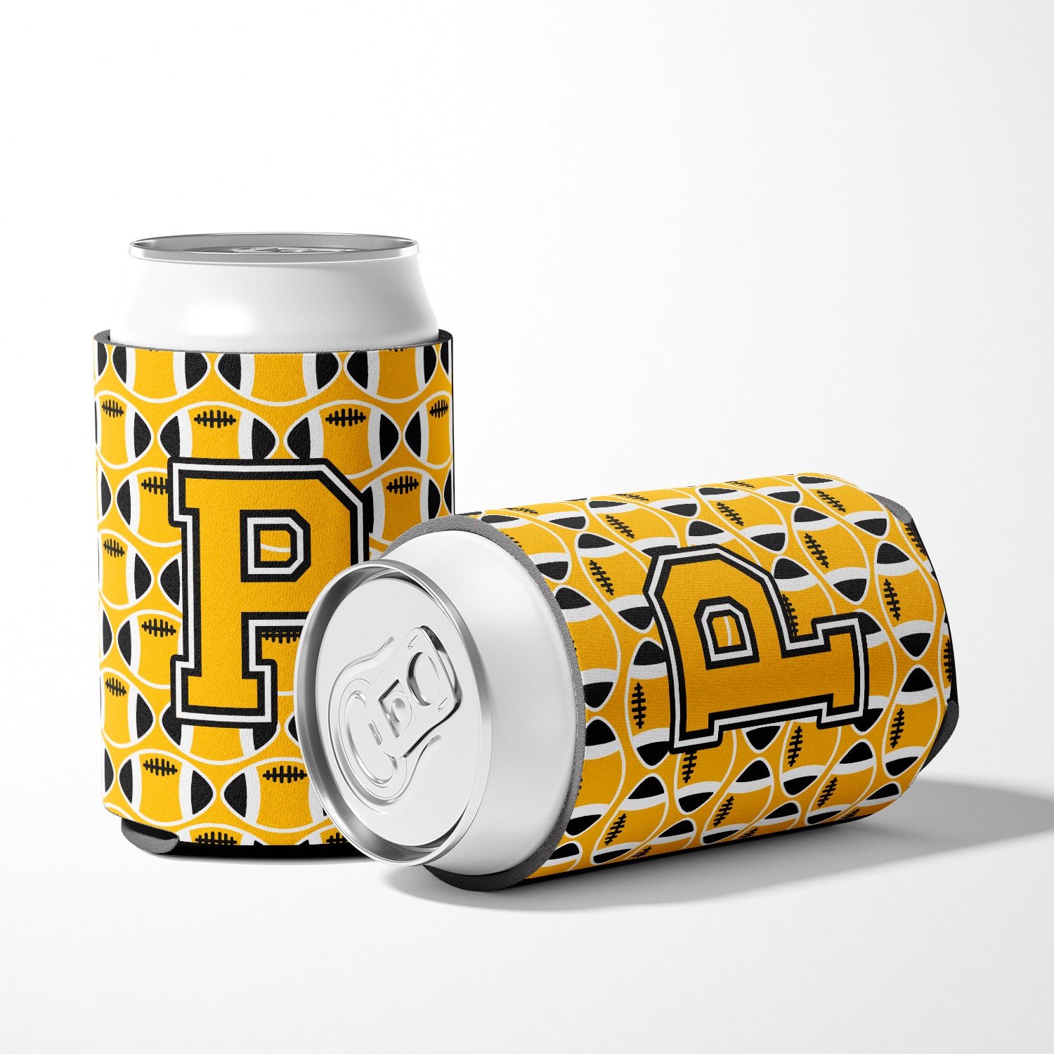 Letter P Football Black, Old Gold and White Can or Bottle Hugger CJ1080-PCC