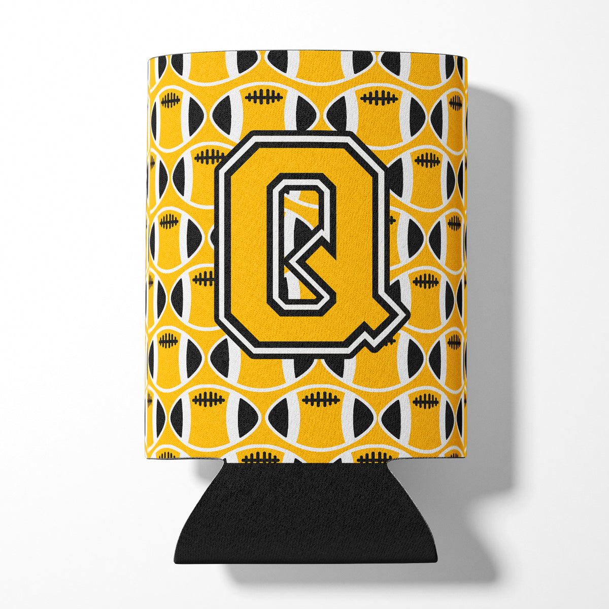 Letter Q Football Black, Old Gold and White Can or Bottle Hugger CJ1080-QCC.