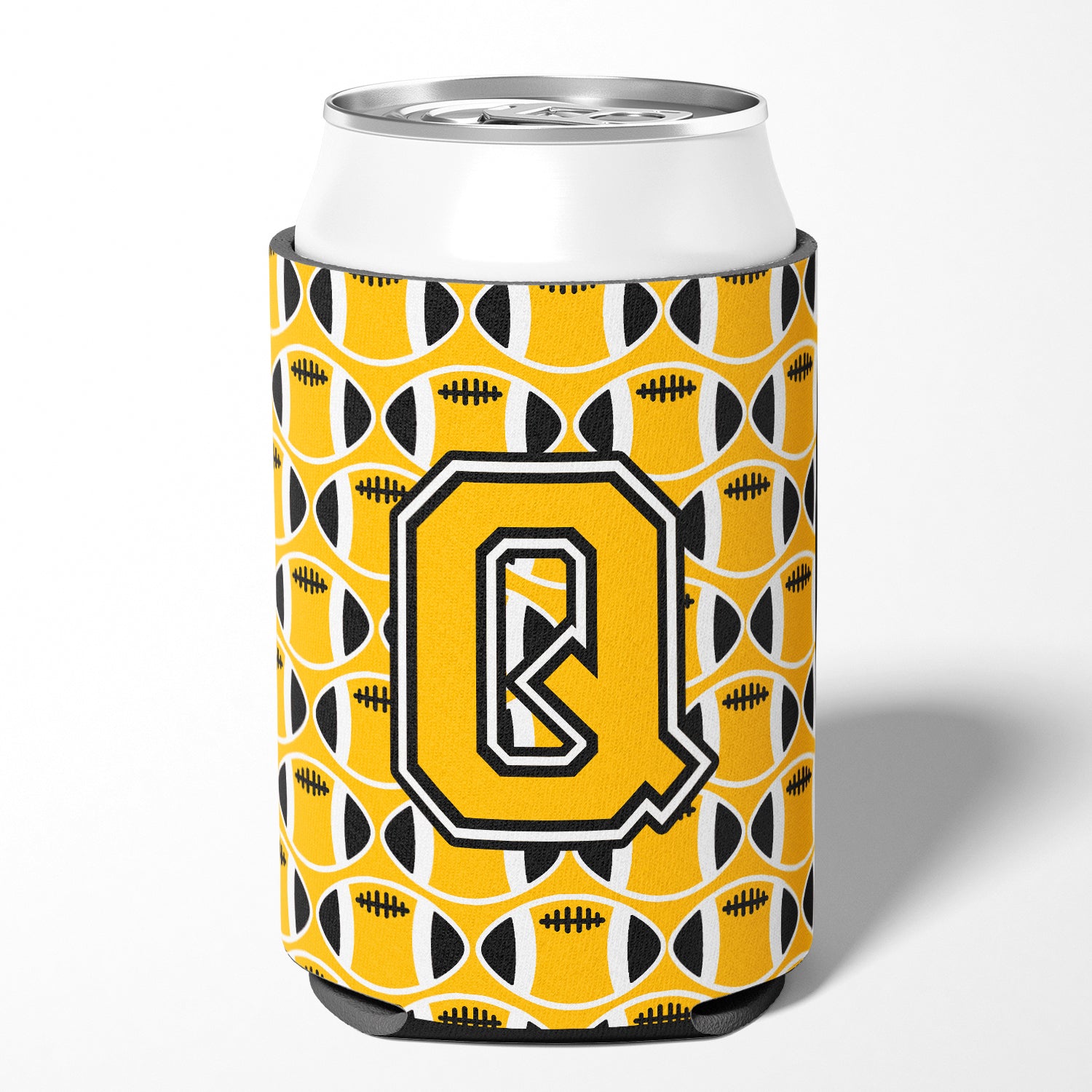 Letter Q Football Black, Old Gold and White Can or Bottle Hugger CJ1080-QCC
