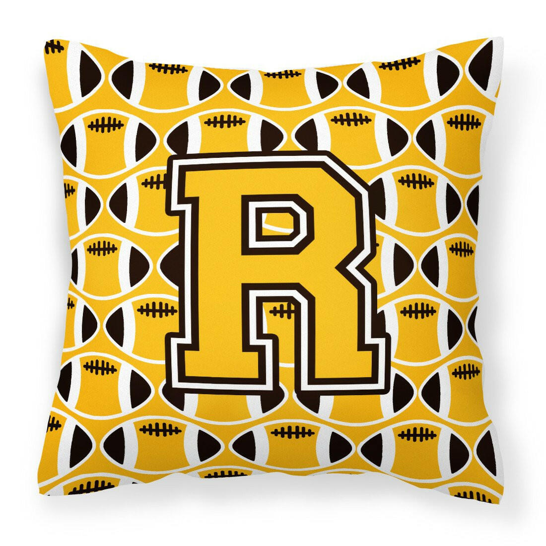 Letter R Football Black, Old Gold and White Fabric Decorative Pillow CJ1080-RPW1414 by Caroline&#39;s Treasures