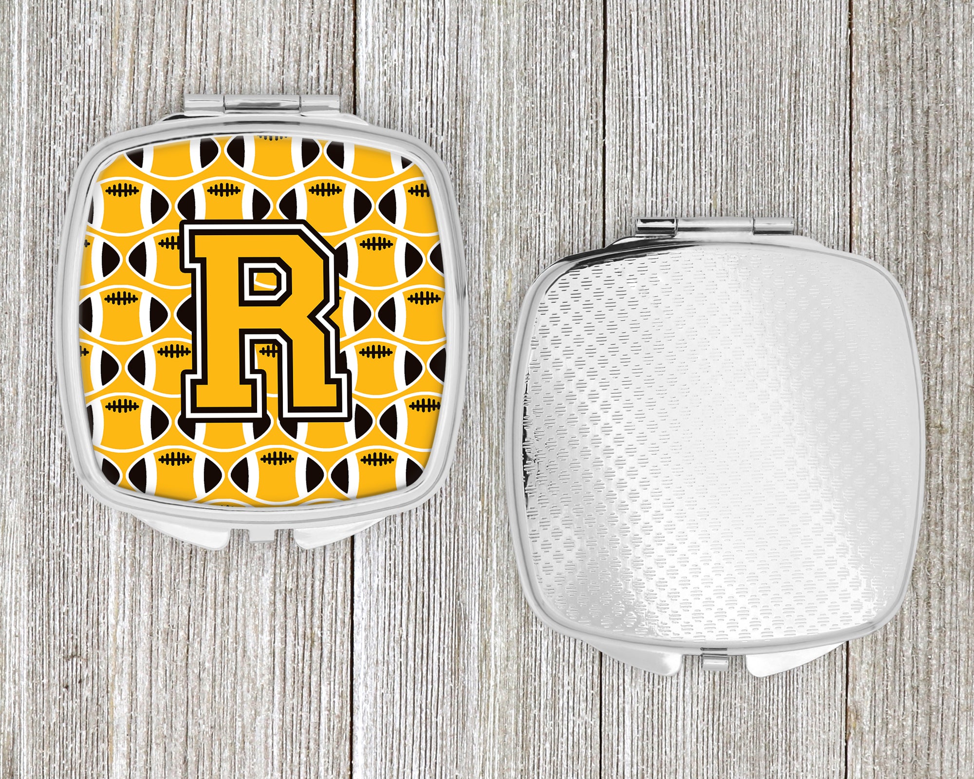 Letter R Football Black, Old Gold and White Compact Mirror CJ1080-RSCM