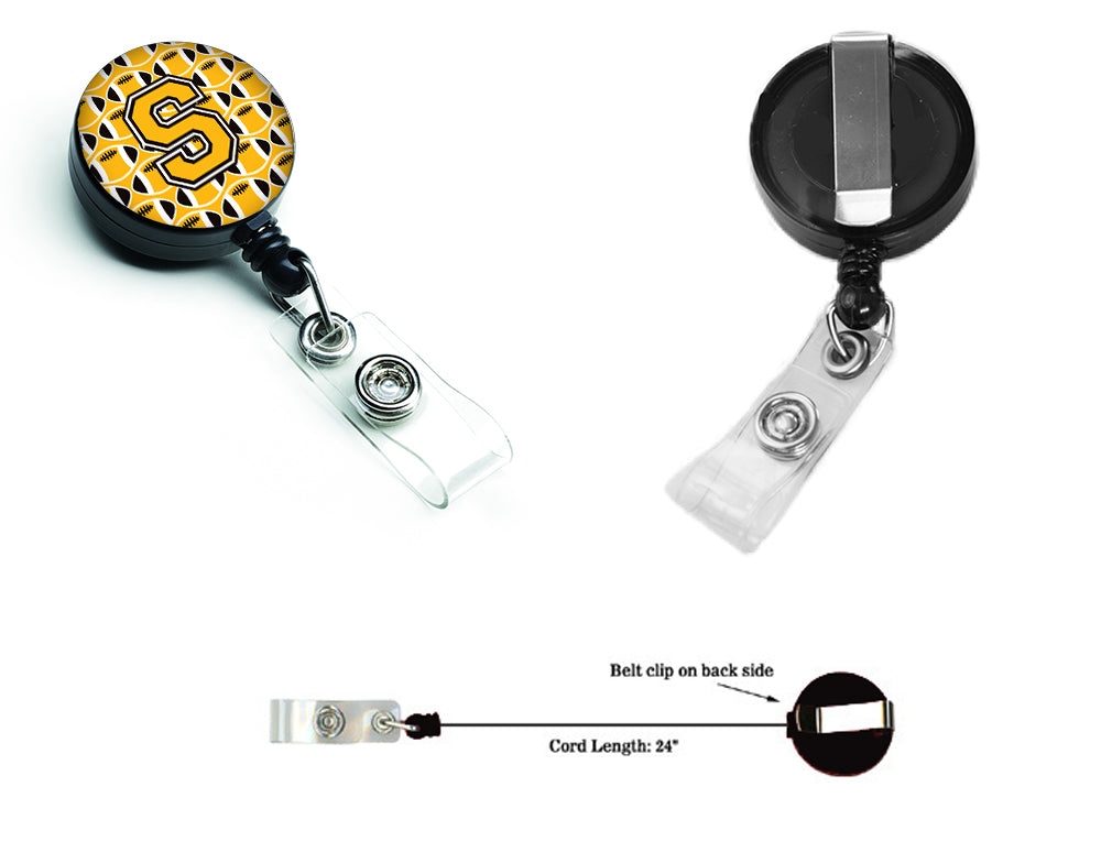 Letter S Football Black, Old Gold and White Retractable Badge Reel CJ1080-SBR.