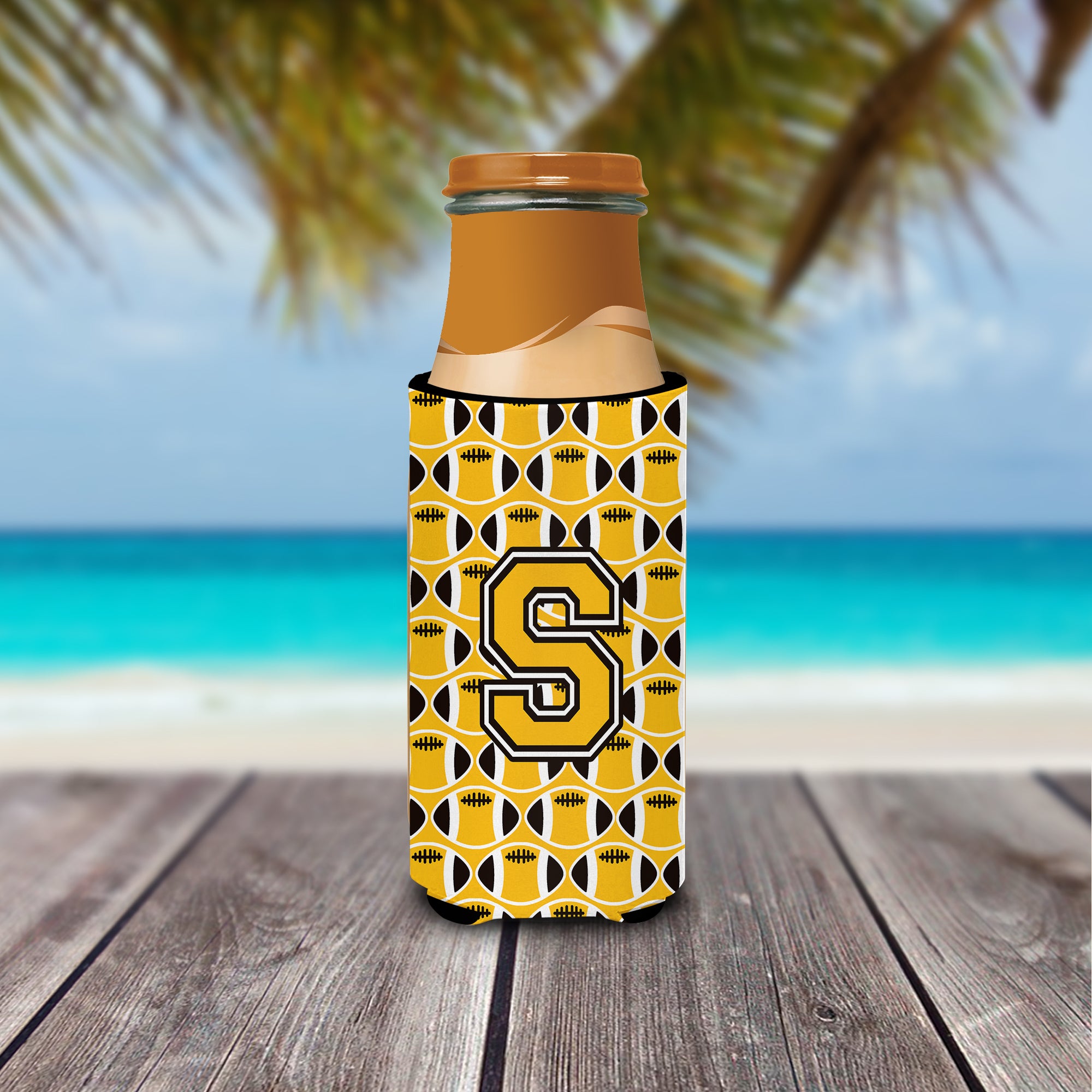 Letter S Football Black, Old Gold and White Ultra Beverage Insulators for slim cans CJ1080-SMUK.