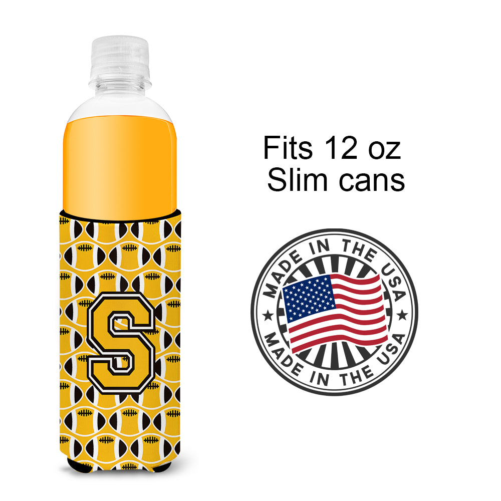 Letter S Football Black, Old Gold and White Ultra Beverage Insulators for slim cans CJ1080-SMUK.