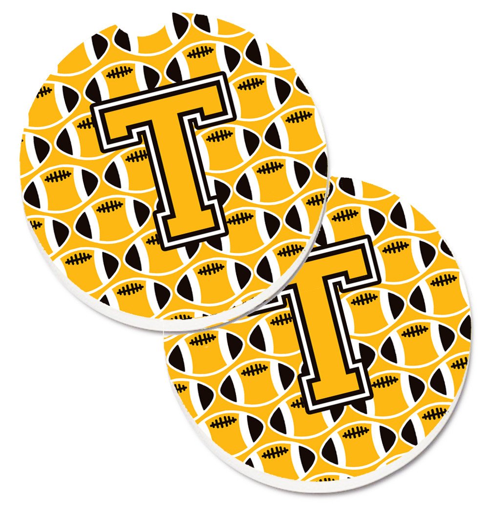 Letter T Football Black, Old Gold and White Set of 2 Cup Holder Car Coasters CJ1080-TCARC by Caroline&#39;s Treasures