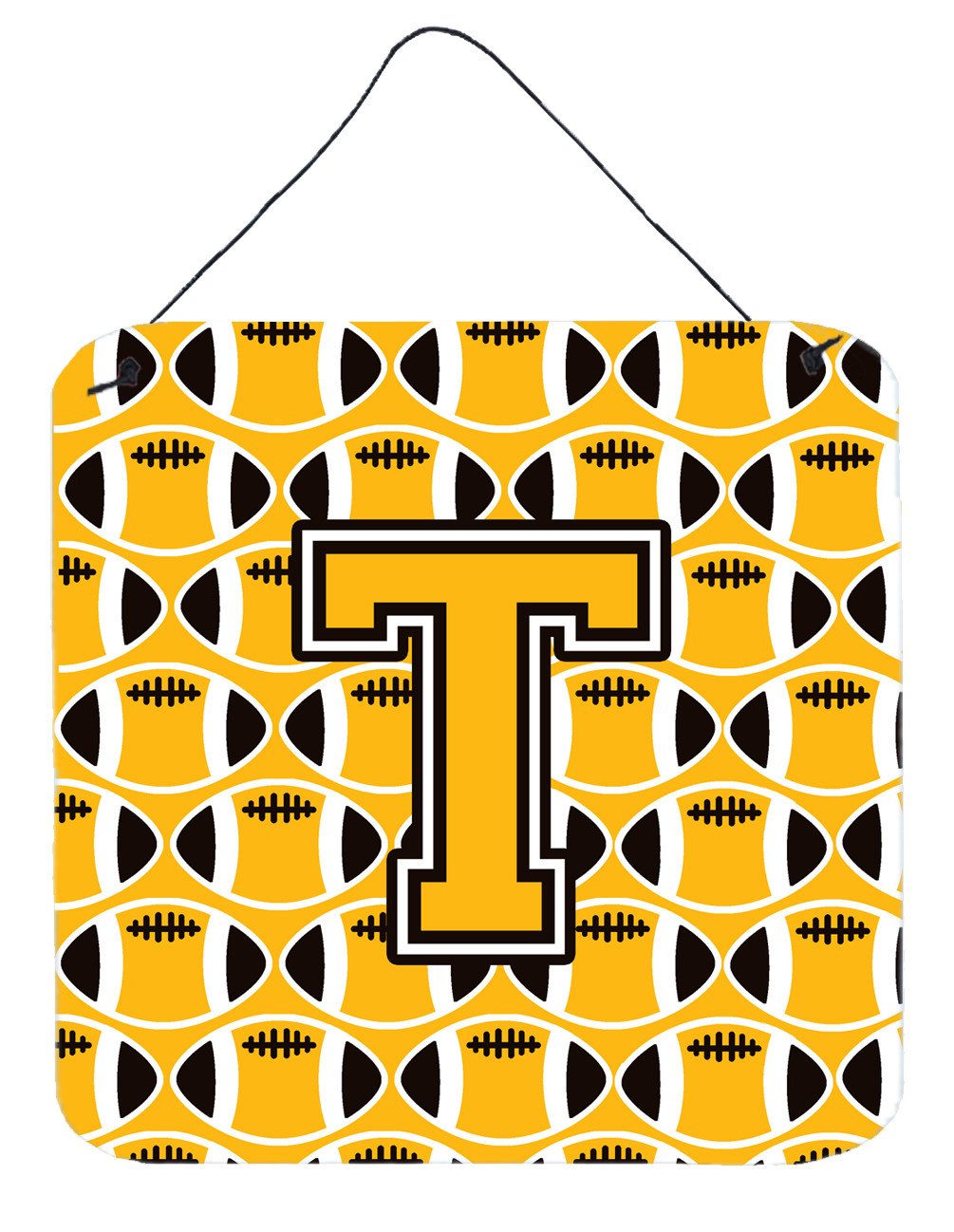 Letter T Football Black, Old Gold and White Wall or Door Hanging Prints CJ1080-TDS66 by Caroline&#39;s Treasures