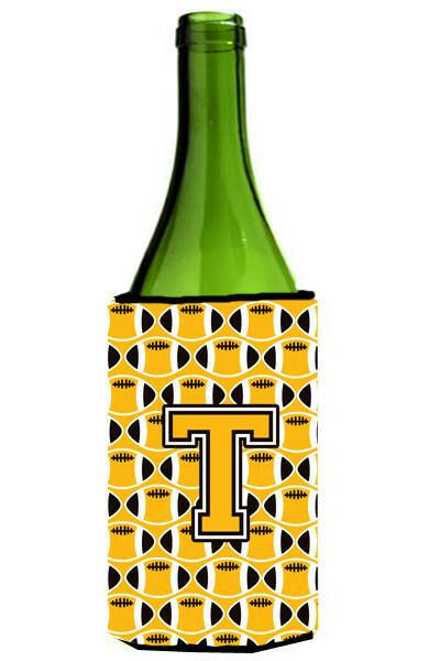 Letter T Football Black, Old Gold and White Wine Bottle Beverage Insulator Hugger CJ1080-TLITERK by Caroline's Treasures