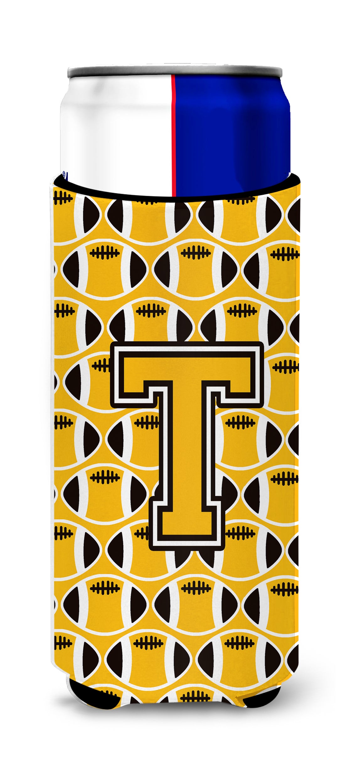 Letter T Football Black, Old Gold and White Ultra Beverage Insulators for slim cans CJ1080-TMUK