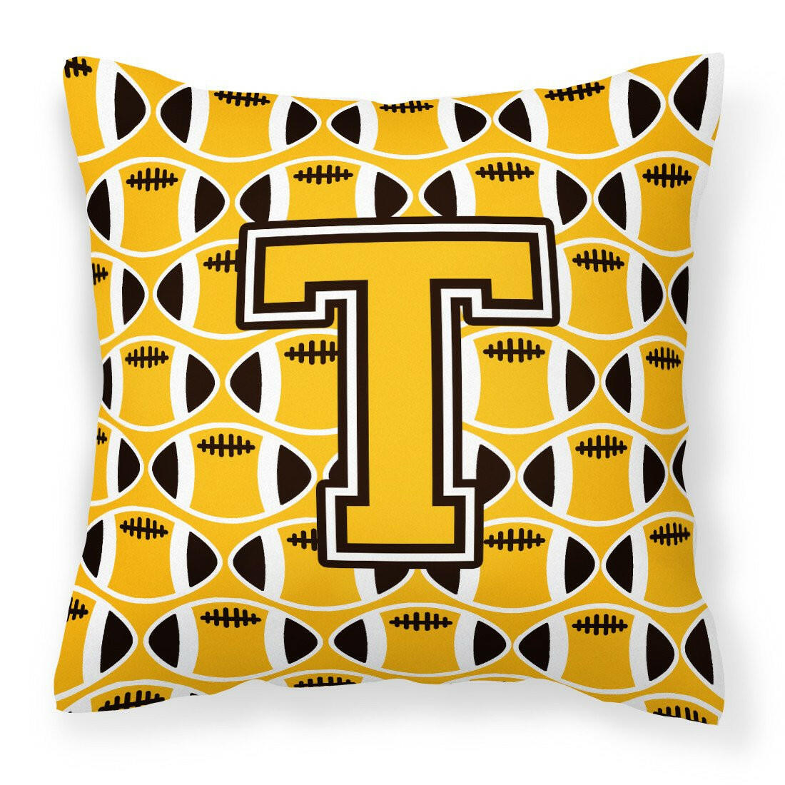 Letter T Football Black, Old Gold and White Fabric Decorative Pillow CJ1080-TPW1414 by Caroline&#39;s Treasures
