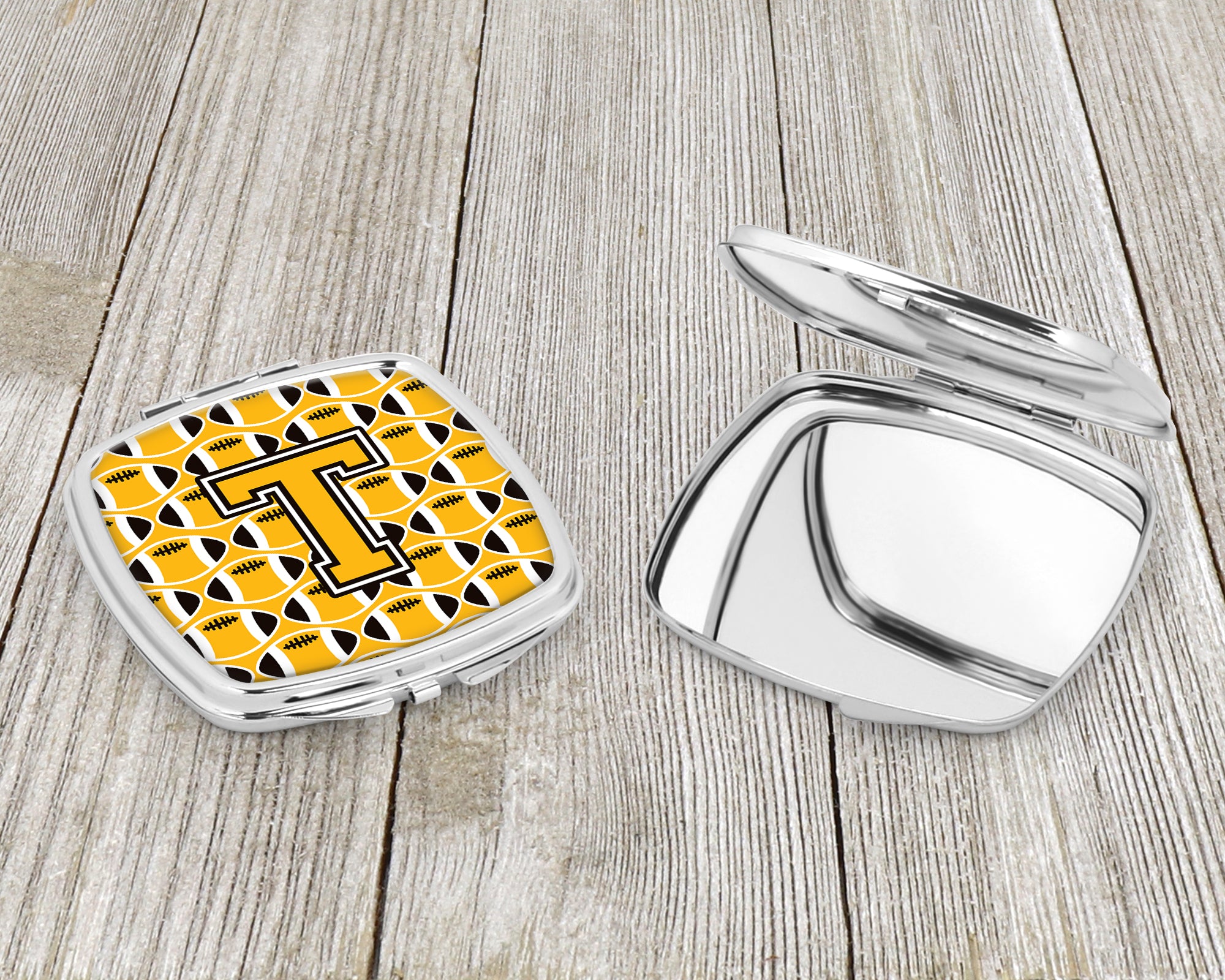 Letter T Football Black, Old Gold and White Compact Mirror CJ1080-TSCM  the-store.com.