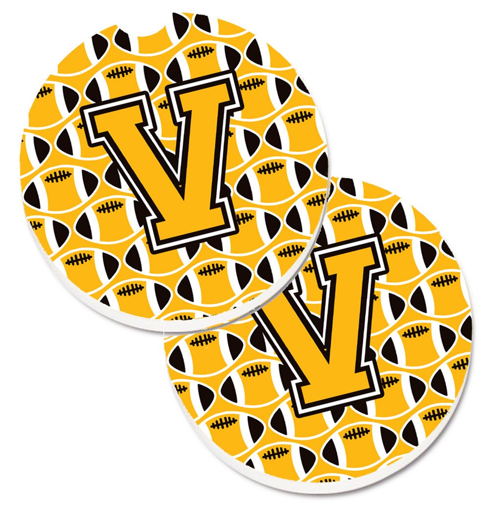 Letter V Football Black, Old Gold and White Set of 2 Cup Holder Car Coasters CJ1080-VCARC by Caroline&#39;s Treasures
