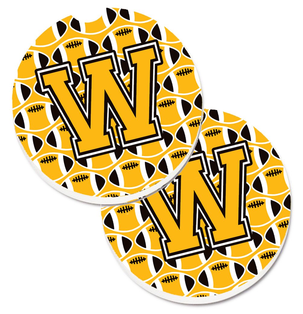 Letter W Football Black, Old Gold and White Set of 2 Cup Holder Car Coasters CJ1080-WCARC by Caroline&#39;s Treasures