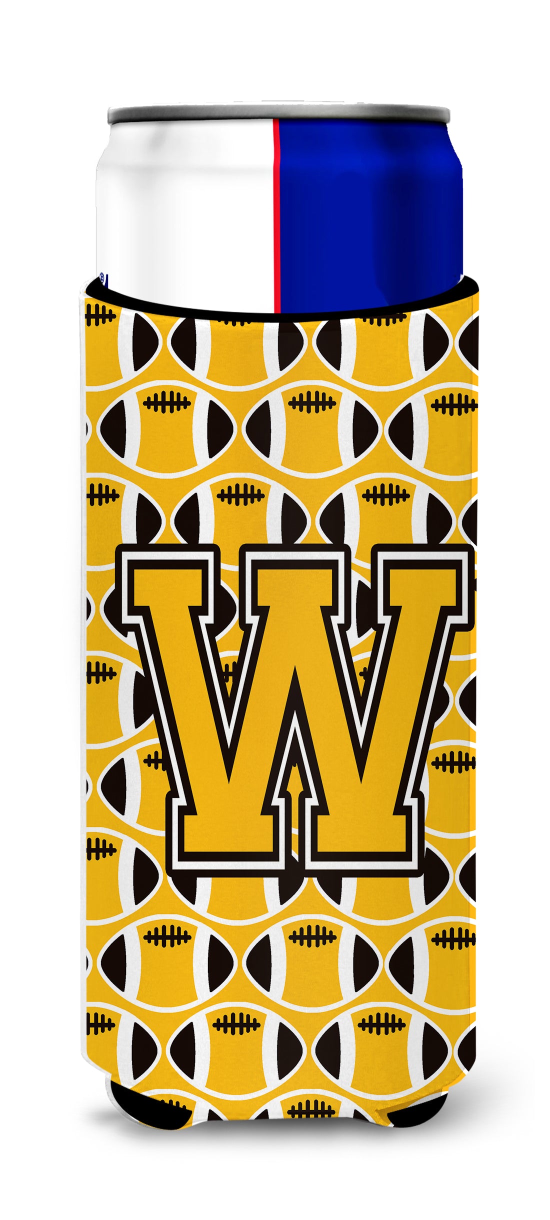 Letter W Football Black, Old Gold and White Ultra Beverage Insulators for slim cans CJ1080-WMUK.
