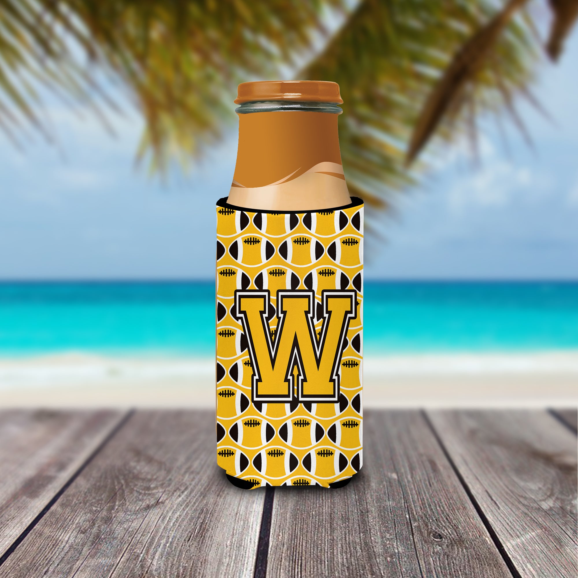 Letter W Football Black, Old Gold and White Ultra Beverage Insulators for slim cans CJ1080-WMUK.