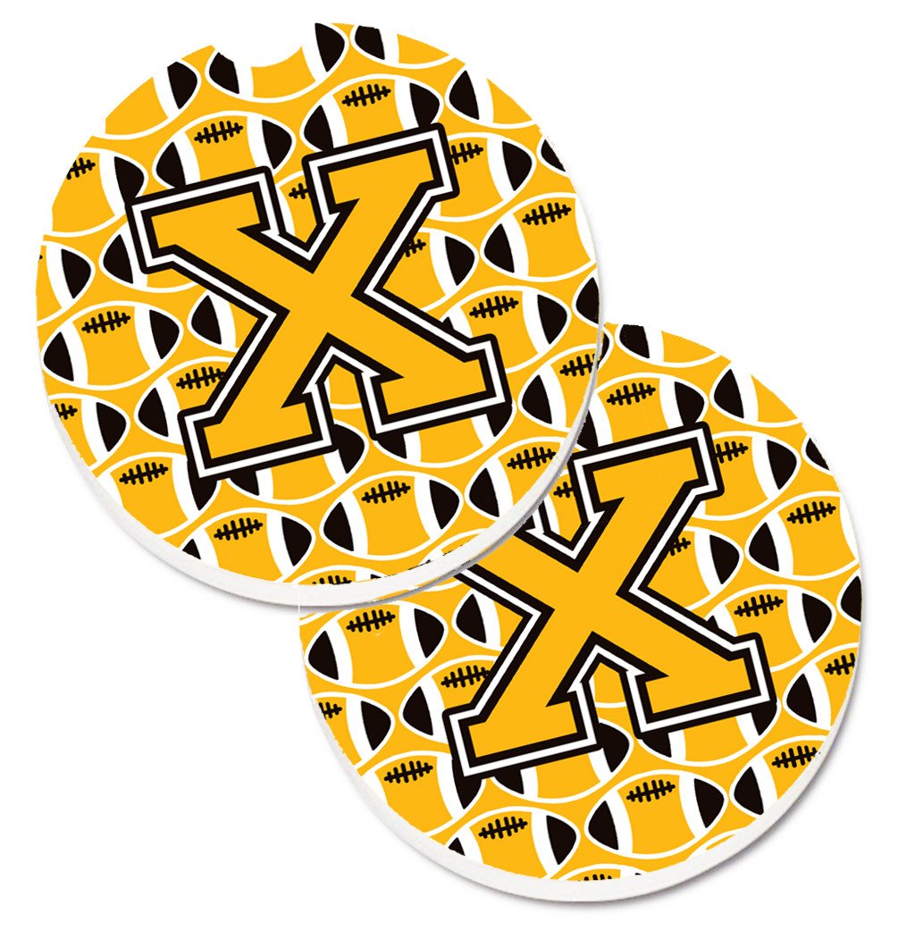 Letter X Football Black, Old Gold and White Set of 2 Cup Holder Car Coasters CJ1080-XCARC by Caroline&#39;s Treasures