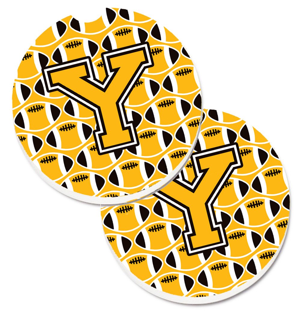 Letter Y Football Black, Old Gold and White Set of 2 Cup Holder Car Coasters CJ1080-YCARC by Caroline&#39;s Treasures