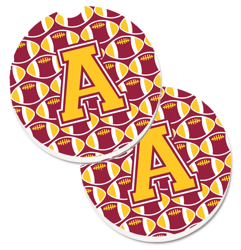 Letter A Football Maroon and Gold Set of 2 Cup Holder Car Coasters CJ1081-ACARC by Caroline&#39;s Treasures