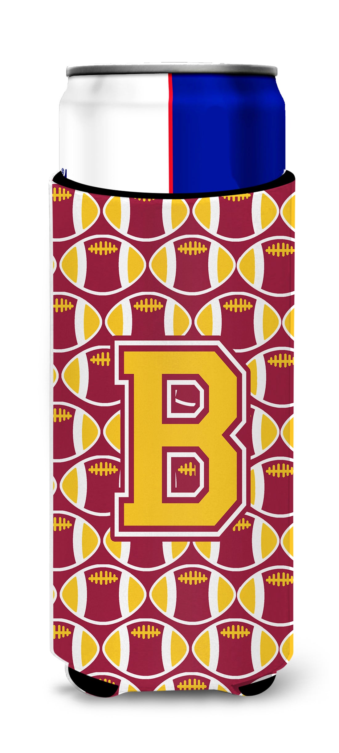 Letter B Football Maroon and Gold Ultra Beverage Insulators for slim cans CJ1081-BMUK.