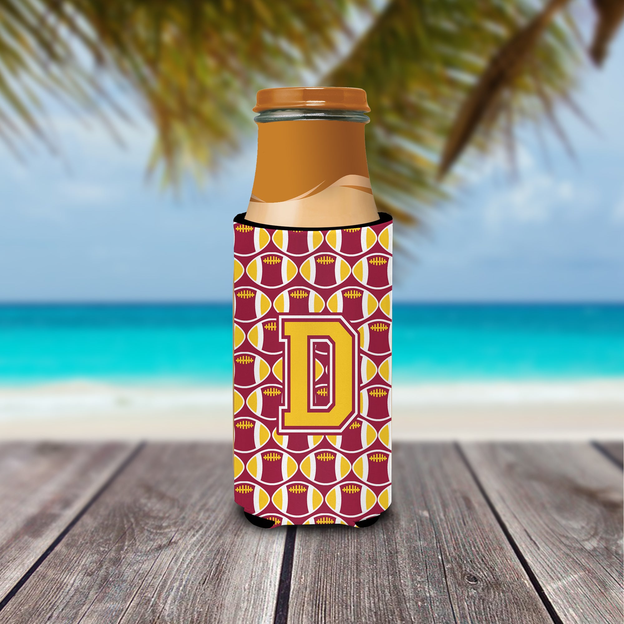 Letter D Football Maroon and Gold Ultra Beverage Insulators for slim cans CJ1081-DMUK