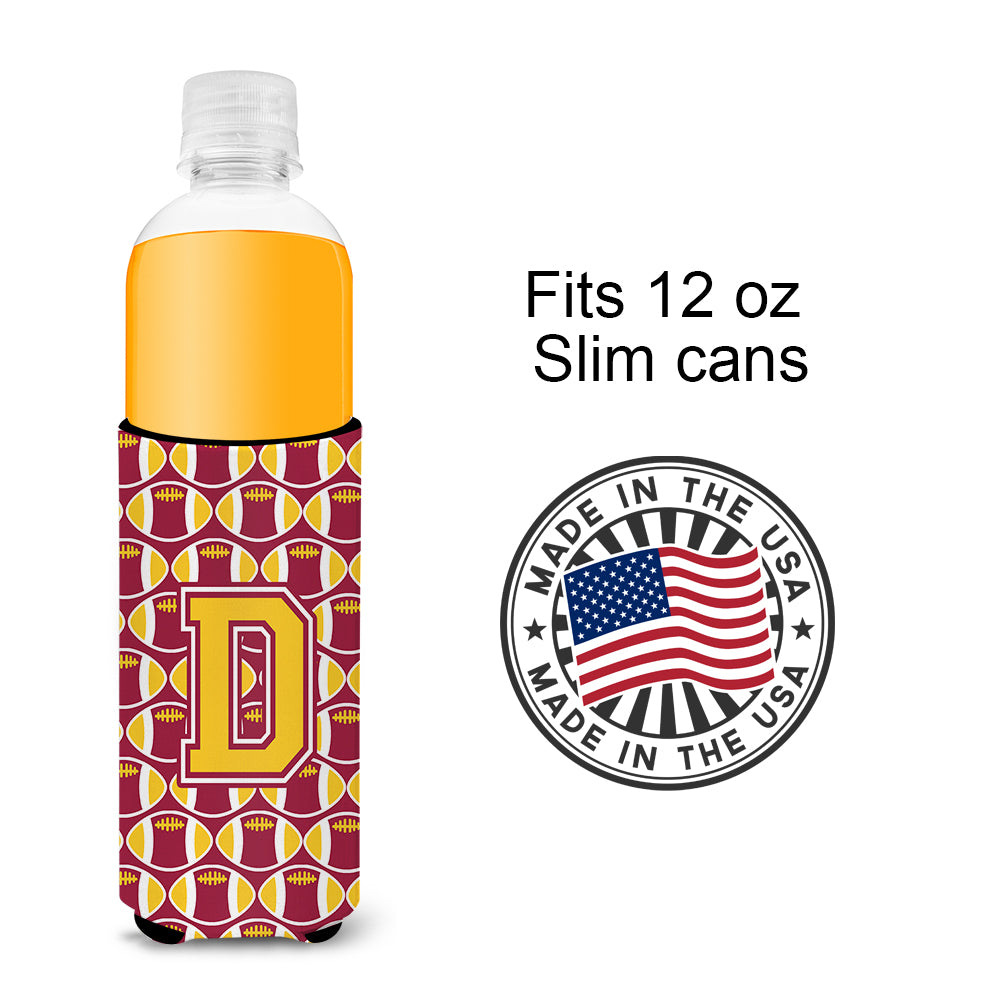 Letter D Football Maroon and Gold Ultra Beverage Insulators for slim cans CJ1081-DMUK.