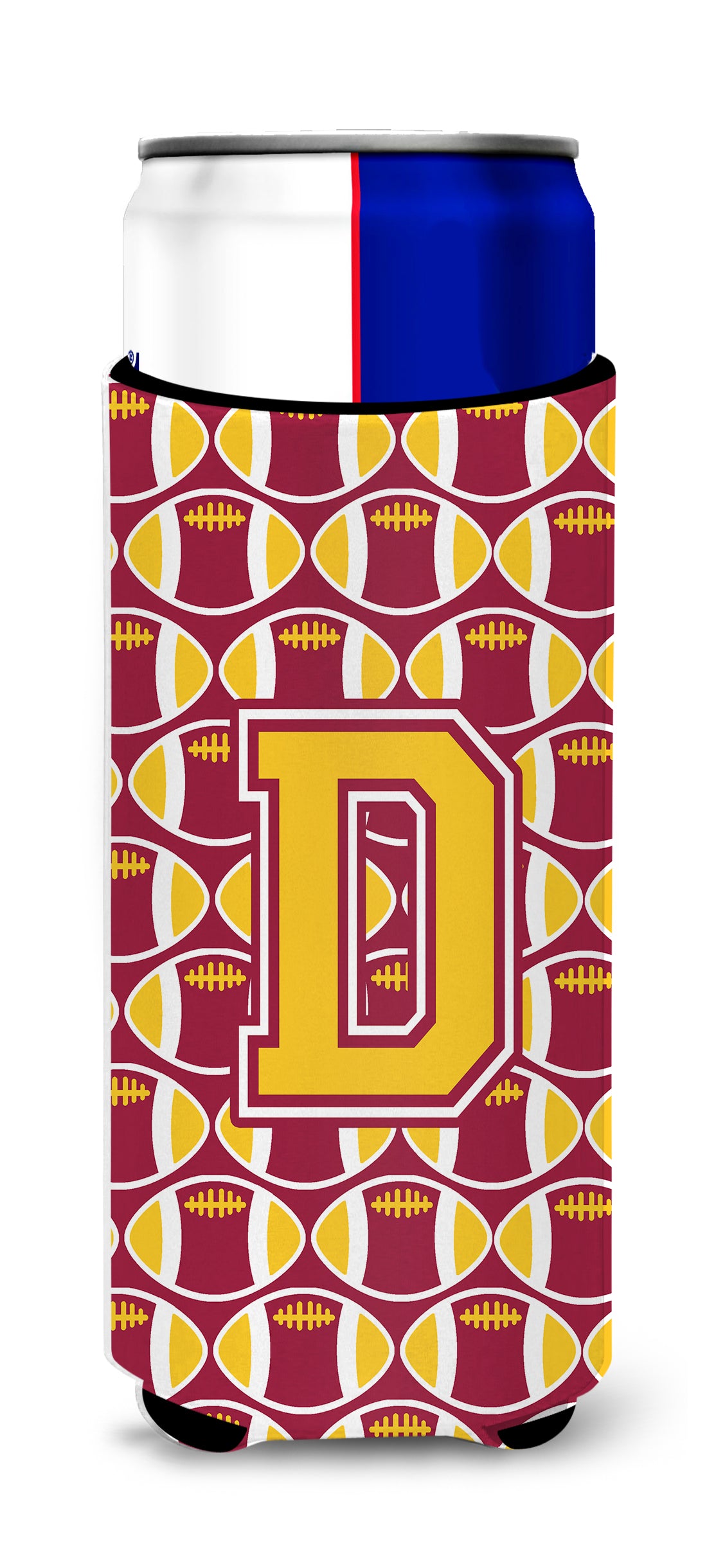 Letter D Football Maroon and Gold Ultra Beverage Insulators for slim cans CJ1081-DMUK.