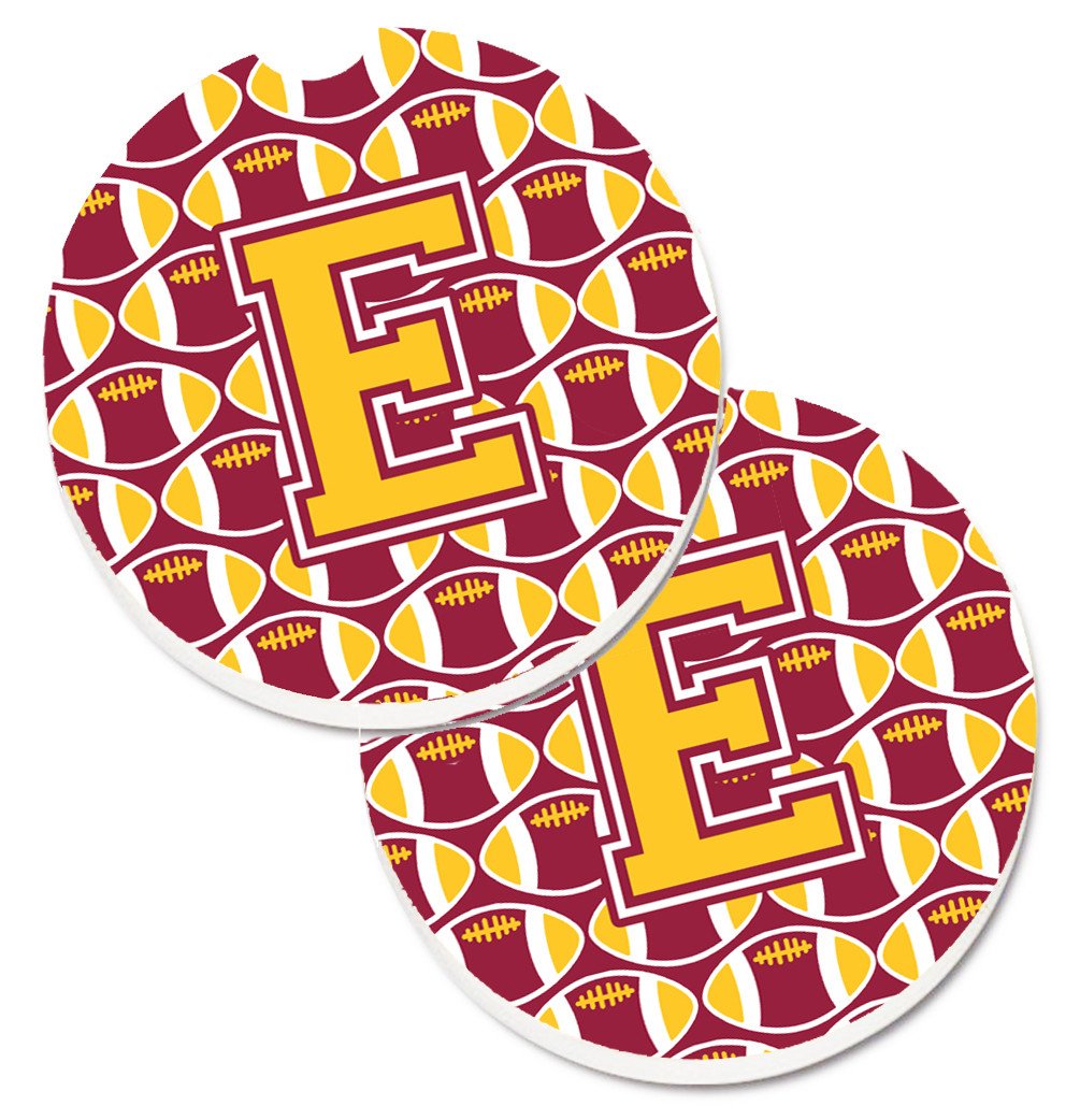 Letter E Football Maroon and Gold Set of 2 Cup Holder Car Coasters CJ1081-ECARC by Caroline's Treasures