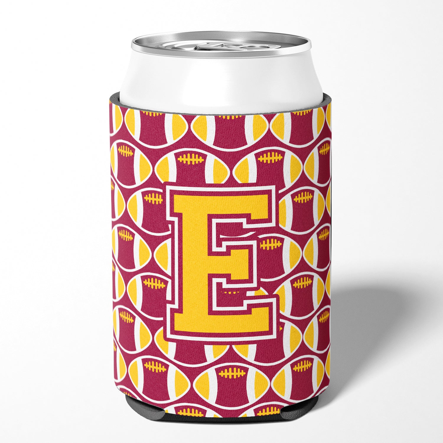 Letter E Football Maroon and Gold Can or Bottle Hugger CJ1081-ECC