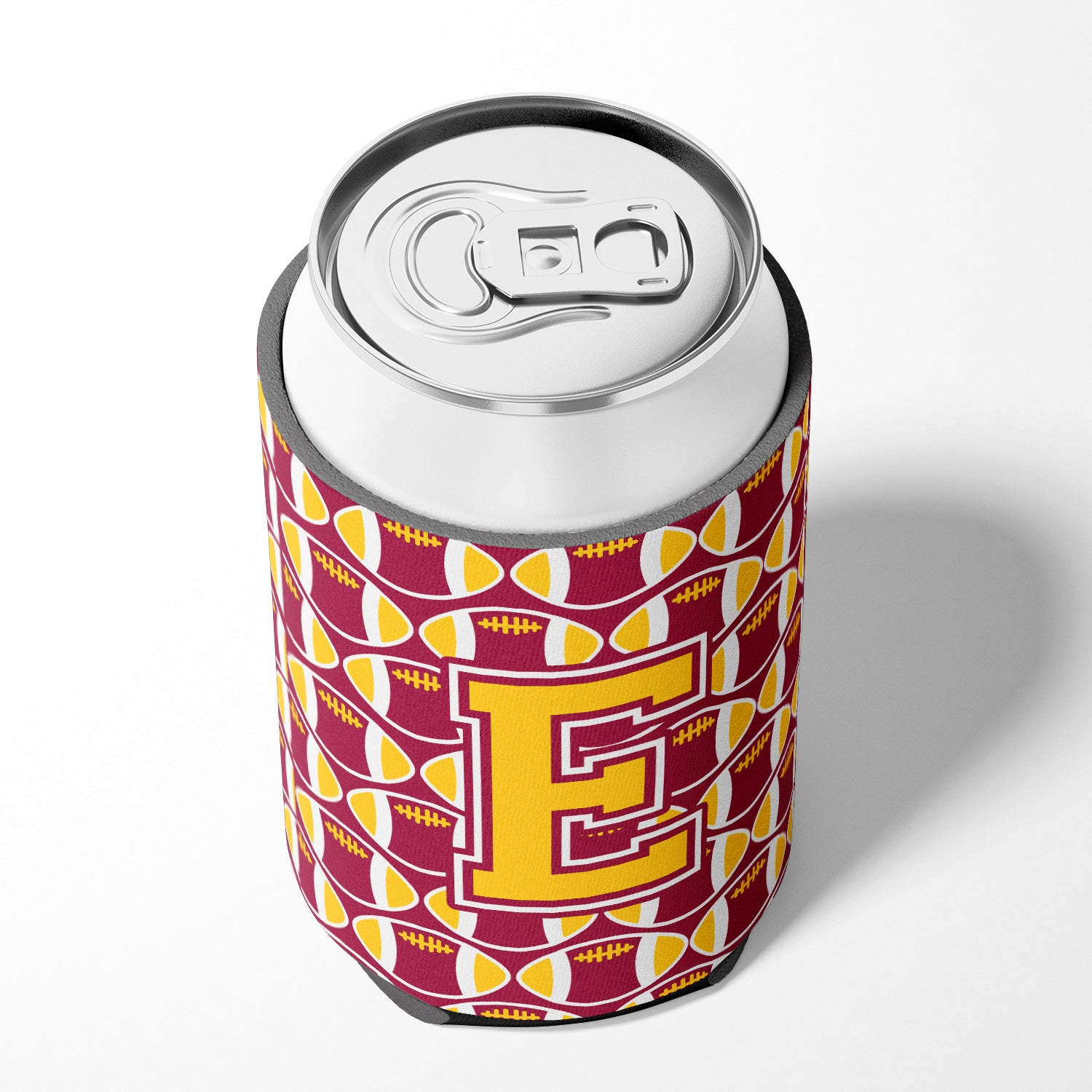 Letter E Football Maroon and Gold Can or Bottle Hugger CJ1081-ECC.