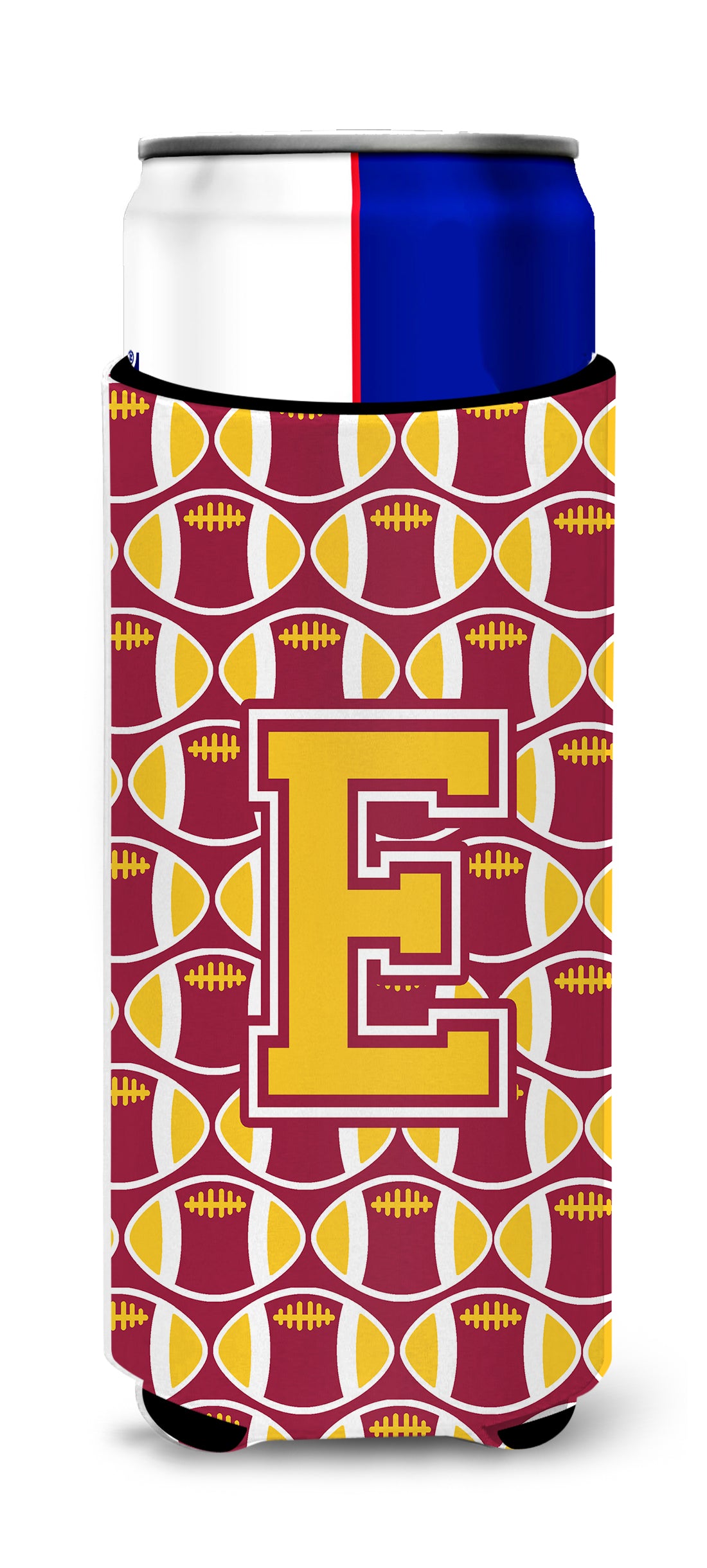 Letter E Football Maroon and Gold Ultra Beverage Insulators for slim cans CJ1081-EMUK.