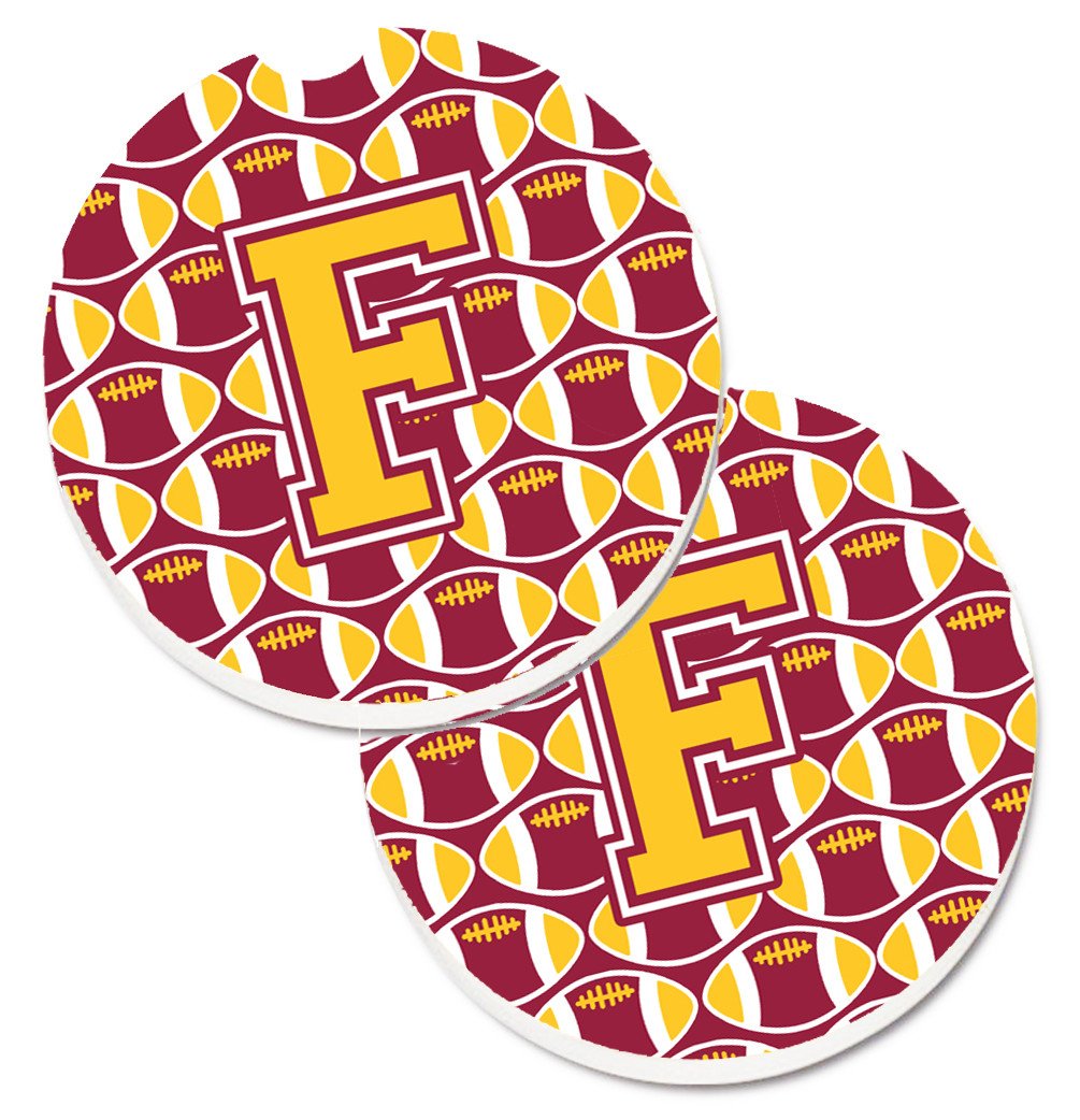Letter F Football Maroon and Gold Set of 2 Cup Holder Car Coasters CJ1081-FCARC by Caroline&#39;s Treasures