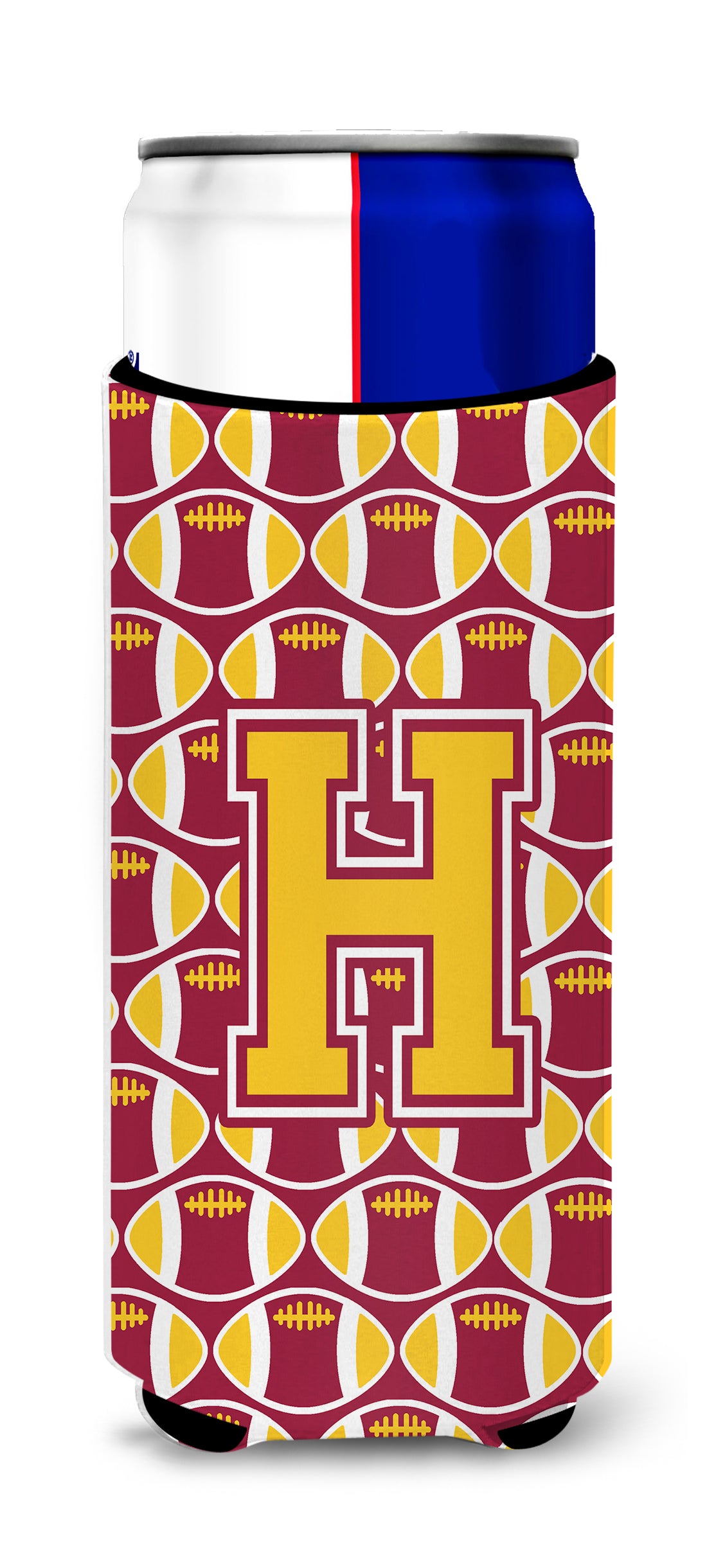 Letter H Football Maroon and Gold Ultra Beverage Insulators for slim cans CJ1081-HMUK.