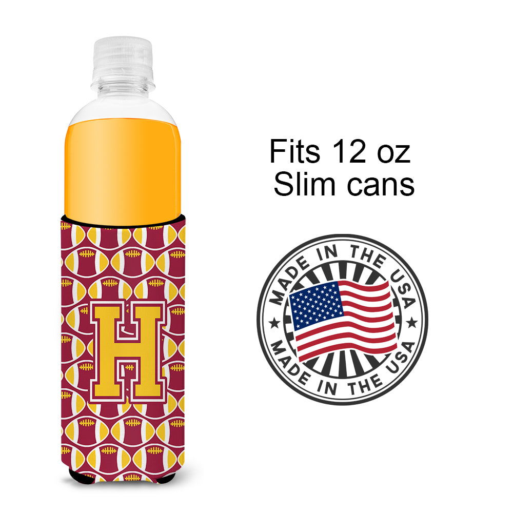 Letter H Football Maroon and Gold Ultra Beverage Insulators for slim cans CJ1081-HMUK.